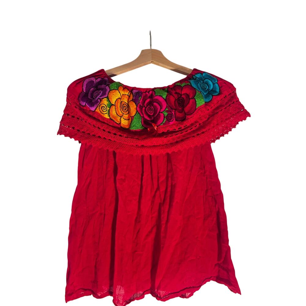 Embroidered Mexican Peasant Blouse Red Off Shoulder Floral Boho Top